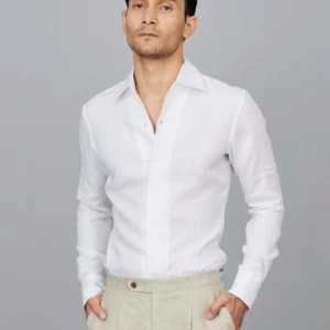 Linen Shirt with One-Piece Cutaway Collar in White