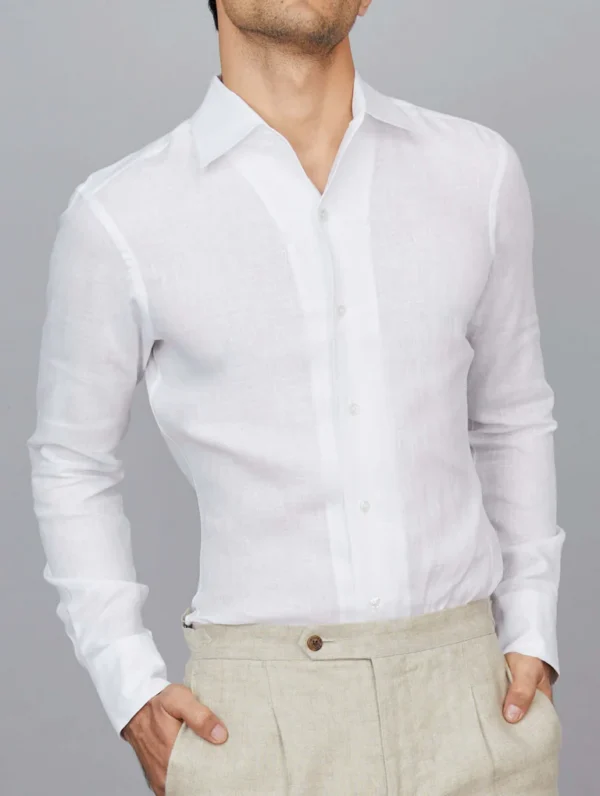 Linen Shirt with One-Piece Cutaway Collar in White - Image 2