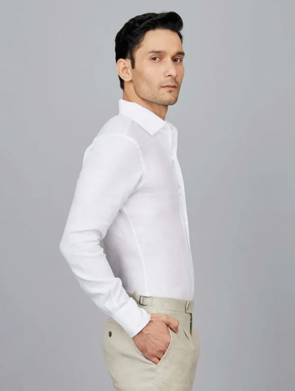 Linen Shirt with One-Piece Cutaway Collar in White - Image 3